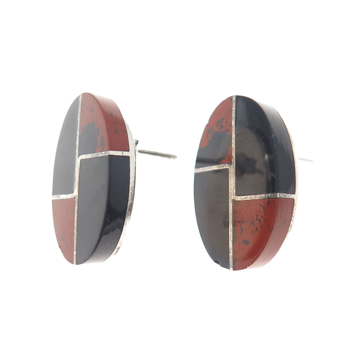 925 Sterling Silver Vintage Mexico Real Red Jasper Black Onyx Modernist Earrings