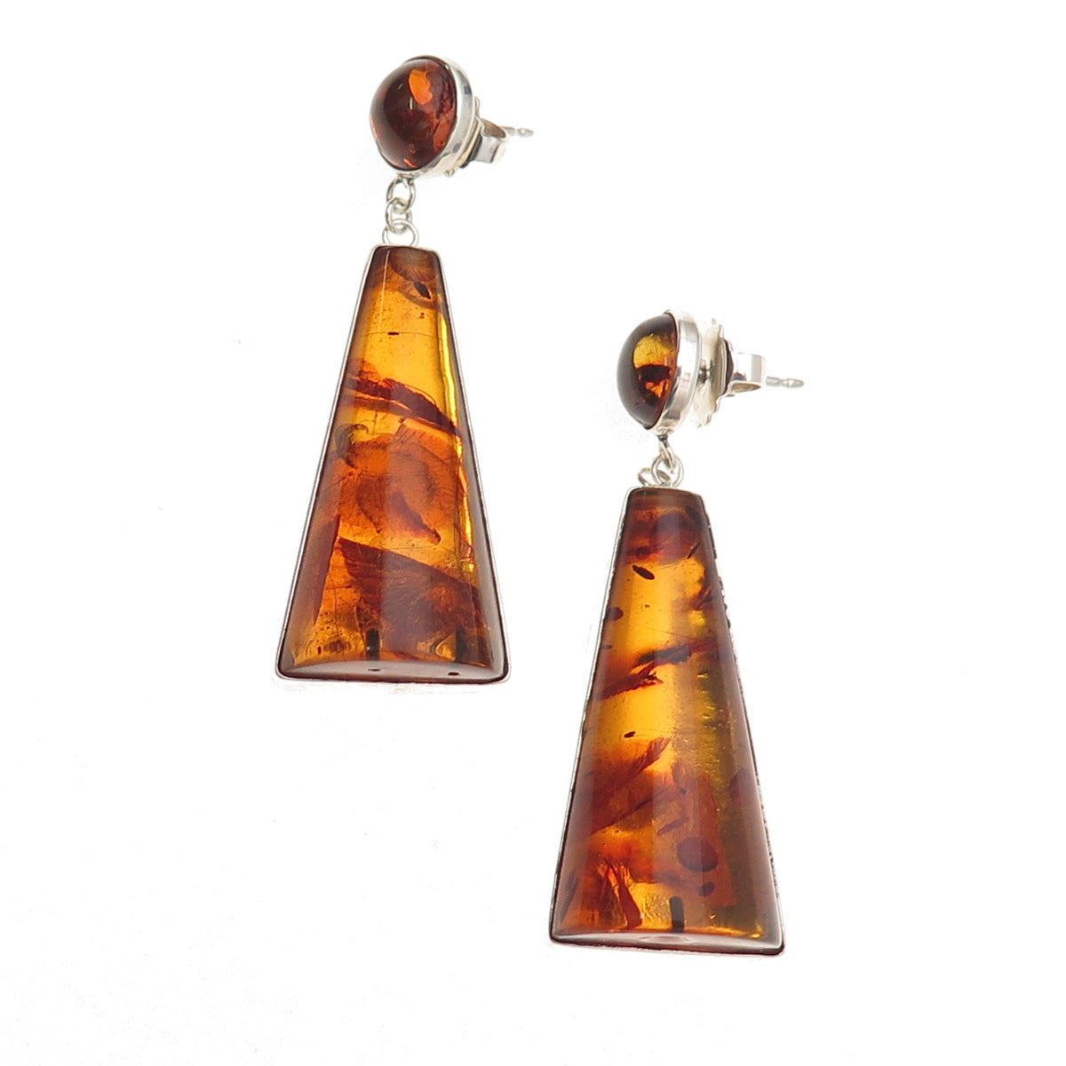 925 Sterling Silver Vintage Real Amber Modernist Dangle Earrings