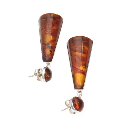 925 Sterling Silver Vintage Real Amber Modernist Dangle Earrings