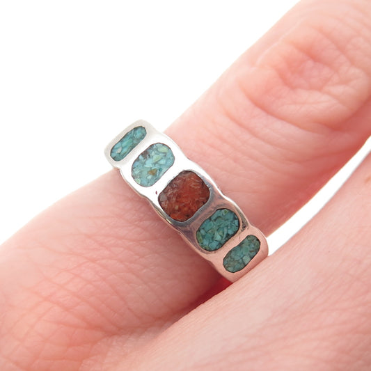 Old Pawn 925 Sterling Silver Vintage Turquoise & Coral Inlay Tribal Ring Size 4