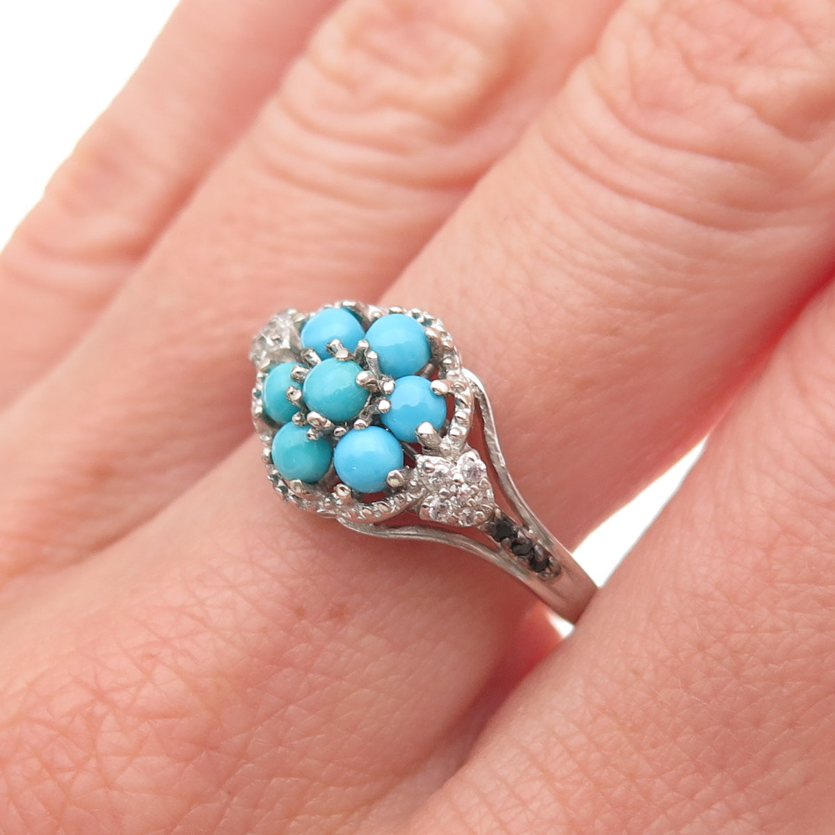 Chuck Clemency 925 Sterling Silver Real Turquoise White Topaz Spinel Ring Size 8