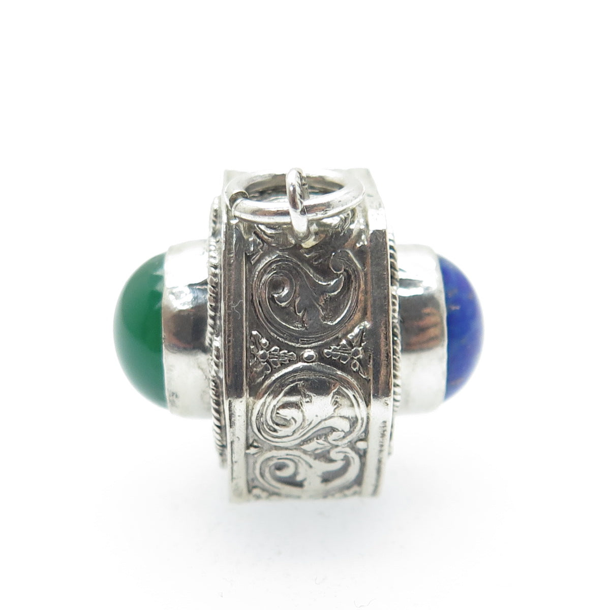 800 Silver Antique Art Deco Real Green Onyx & Lapis Filigree Dual Sided Pendant
