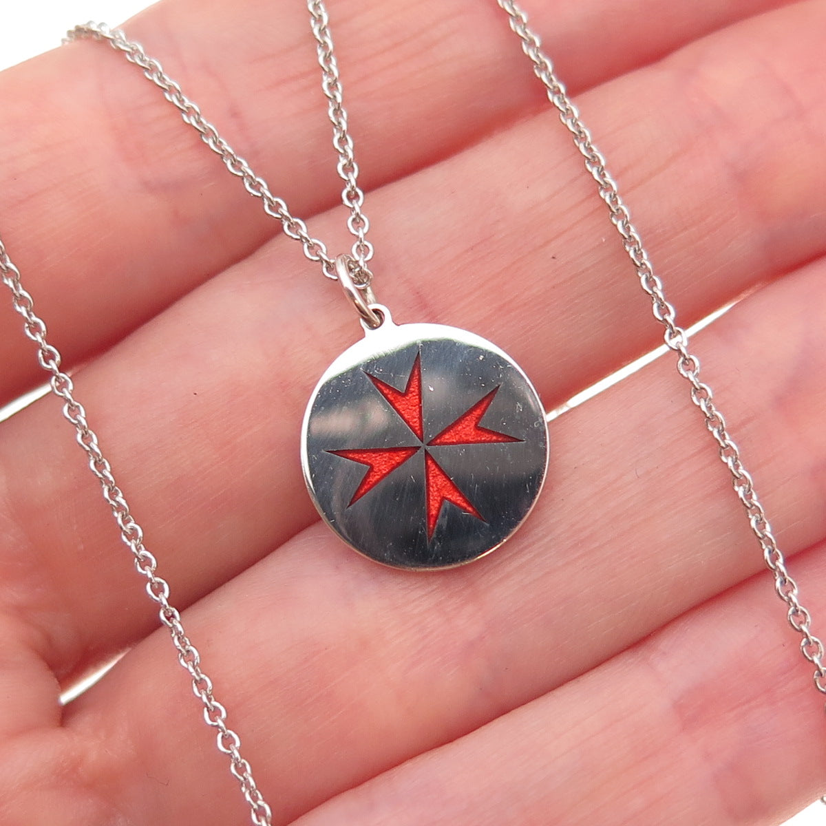 925 Sterling Silver Enamel Maltese Cross Cable Chain Necklace 18"