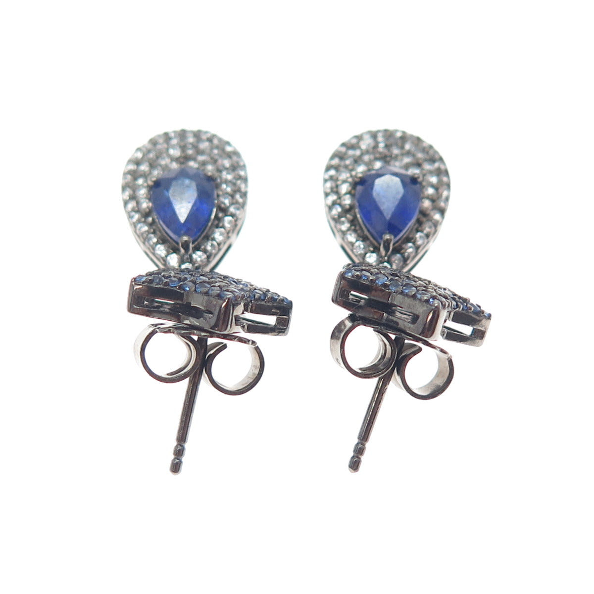 DSMK 925 Sterling Silver Black Rhodium Real Sapphire & Topaz Dangle Earrings