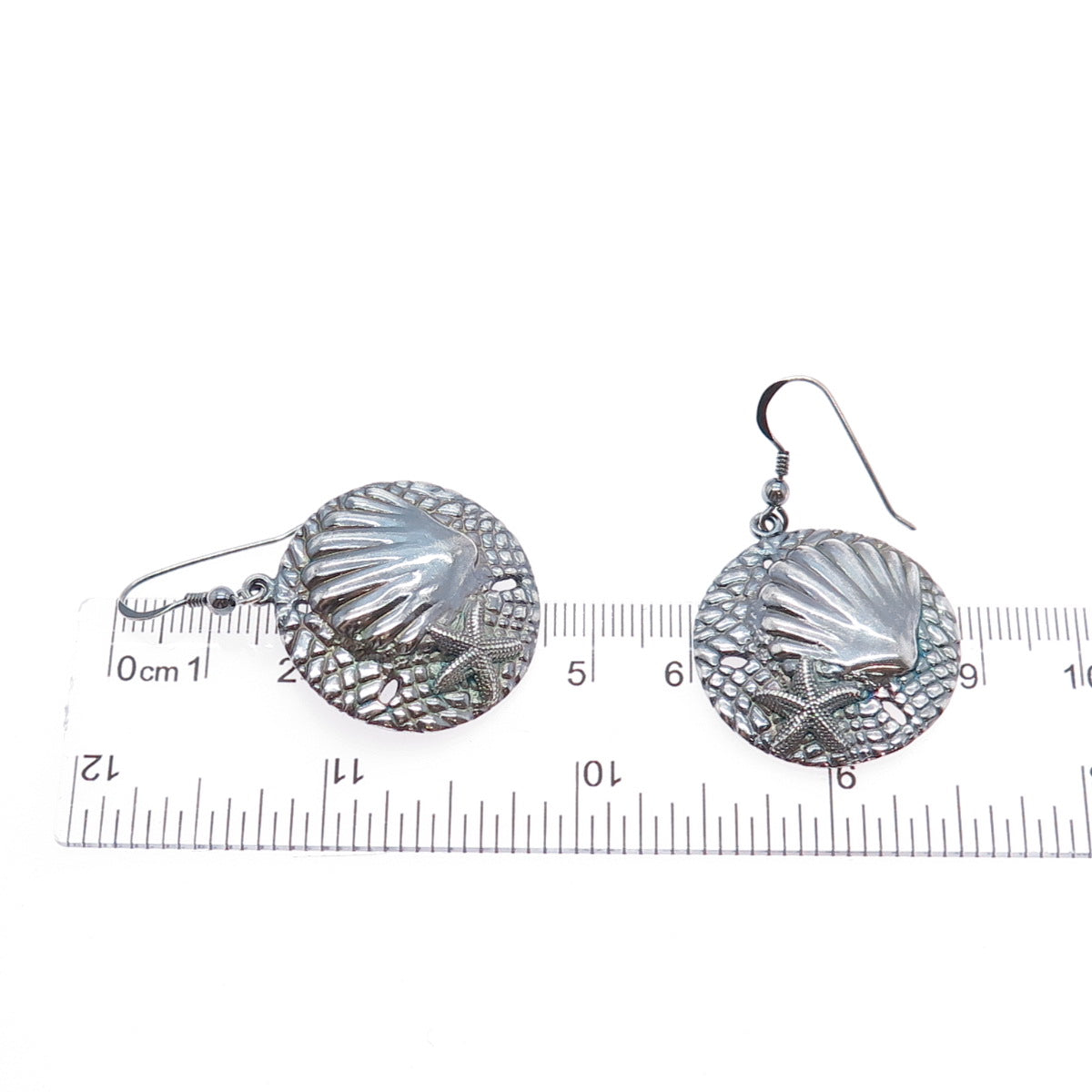 925 Sterling Silver Vintage Seashell & Starfish Oxidized Dangle Earrings