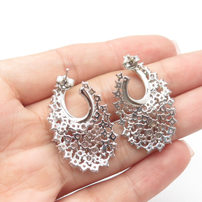 925 Sterling Silver White C Z Cluster Dangling Drop Earrings