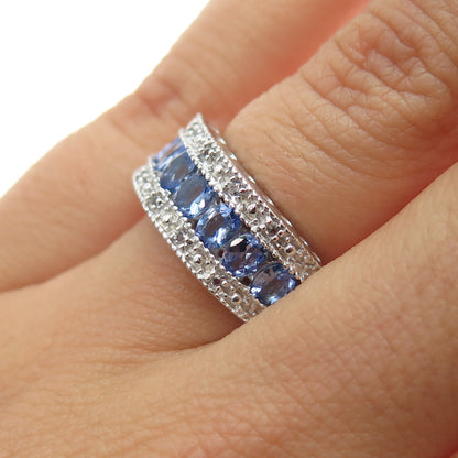 BML GEMS 925 Sterling Silver Real Oval-Cut Tanzanite & White Topaz Ring Size 6