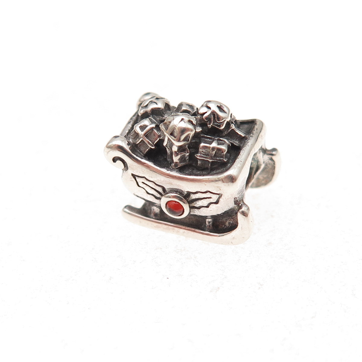 Pandora 925 Sterling Silver Real Red Garnet Santa’s Sleigh Slide Bead Charm