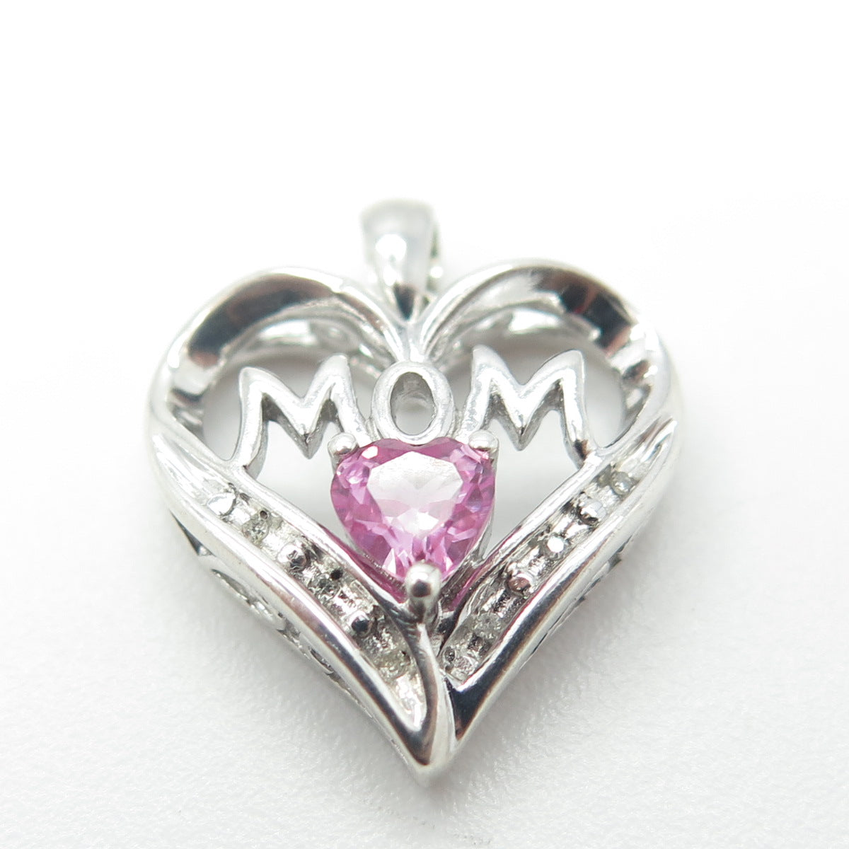 SUN 925 Sterling Silver Real Round Diamond & Pink Sapphire "MOM" Heart Pendant