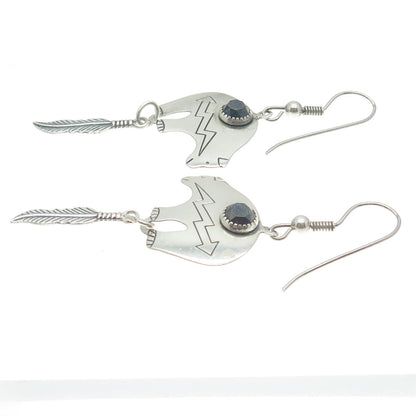 Old Pawn Sterling Silver Vintage Hematite Bear Feather Tribal Dangling Earrings