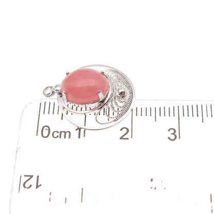 Wells Sterling Silver Antique Art Deco Real Rose Quartz Filigree Mini Pendant