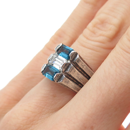 925 Sterling Silver Vintage Emerald-Cut Blue & White C Z Oxidized Ring Size 6