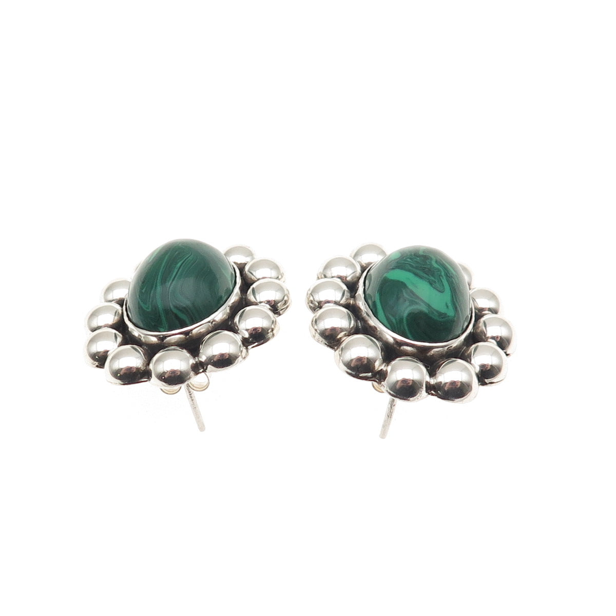 925 Sterling Silver Vintage Mexico Real Malachite Oxidized Beaded Earrings