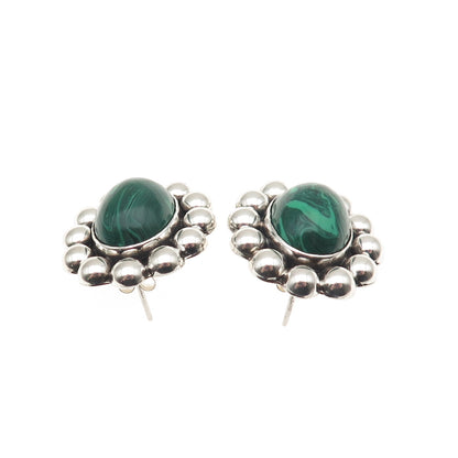 925 Sterling Silver Vintage Mexico Real Malachite Oxidized Beaded Earrings