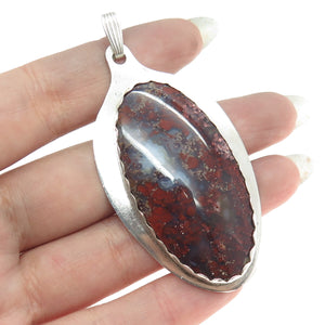 925 Sterling Silver Vintage Real Cabochon Blood Agate Modernist Pendant