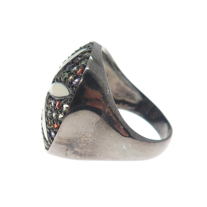 925 Sterling Silver Black Rhodium Enamel Real Multi-Sapphire Ring Size 7.25