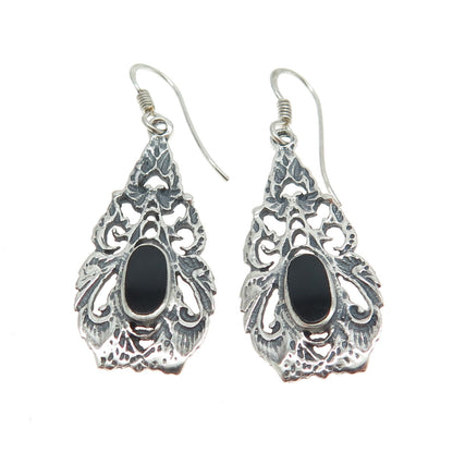 925 Sterling Silver Vintage Real Black Onyx Dangling Earrings