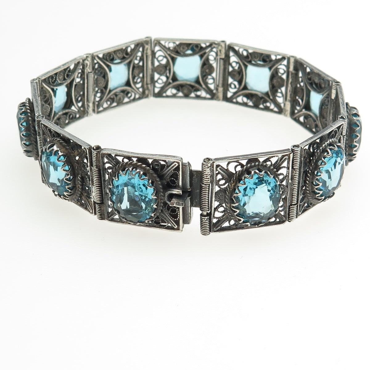 800 Silver Vintage Italy Blue Glass Filigree Panel Link Bracelet 7.25"