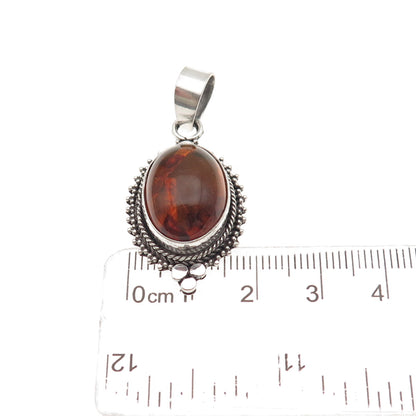 925 Sterling Silver Vintage Real Amber Granulated Charm Pendant