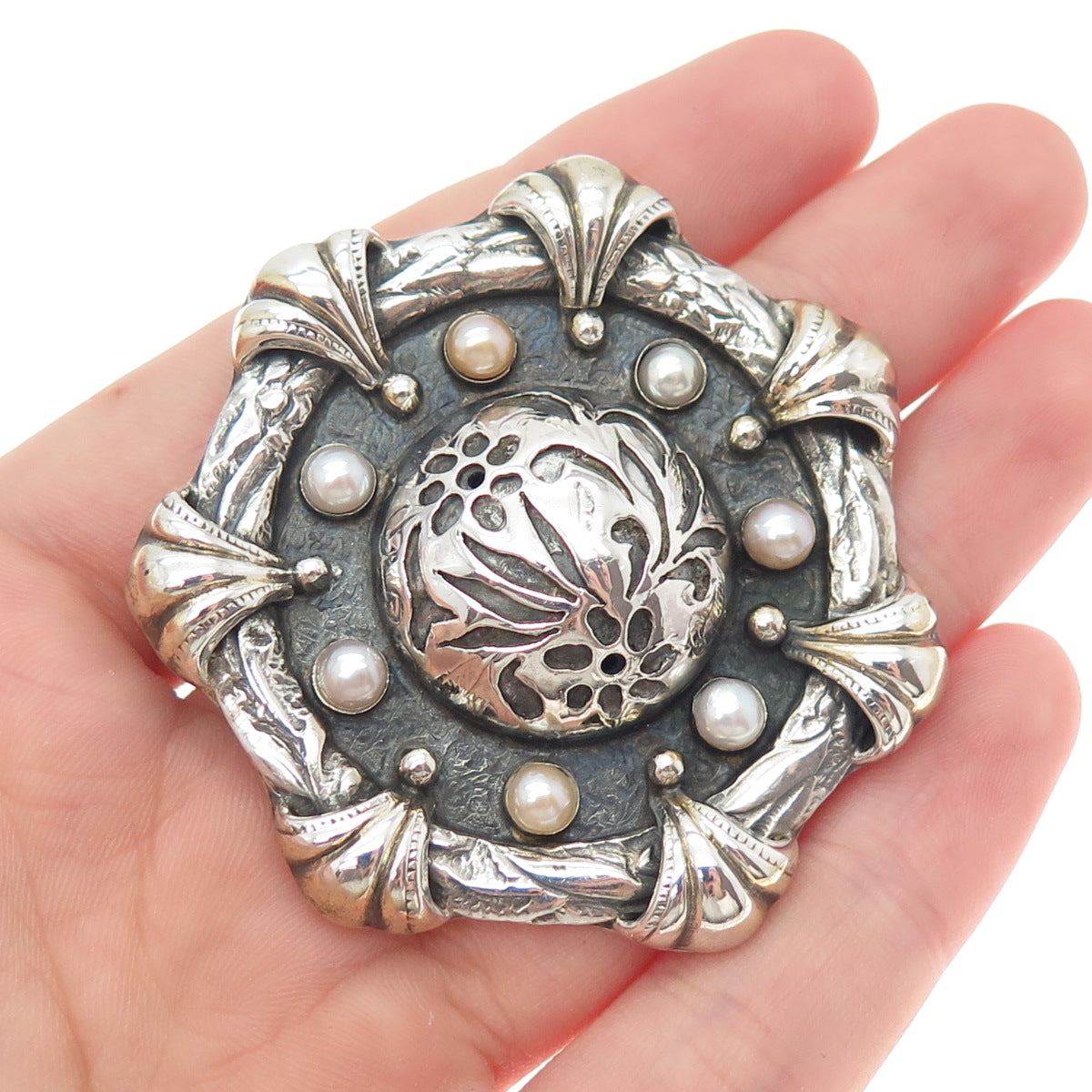 925 Sterling Silver Vintage Artisan Real Pearl Flower Oxidized Brooch / Pendant