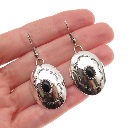 Old Pawn Sterling Silver Vintage Southwestern Black Onyx Concho Dangle Earrings