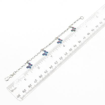 925 Sterling Silver Enamel Butterfly Dangle Charm Oval Link Bracelet 6"