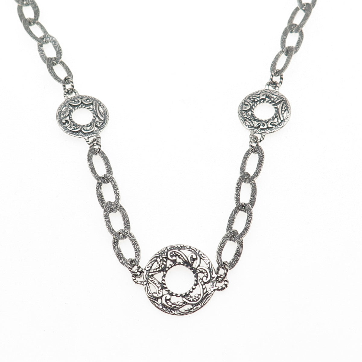 Carolyn Pollack 925 Sterling Silver Vintage Ornate Disc Chain Necklace 18"