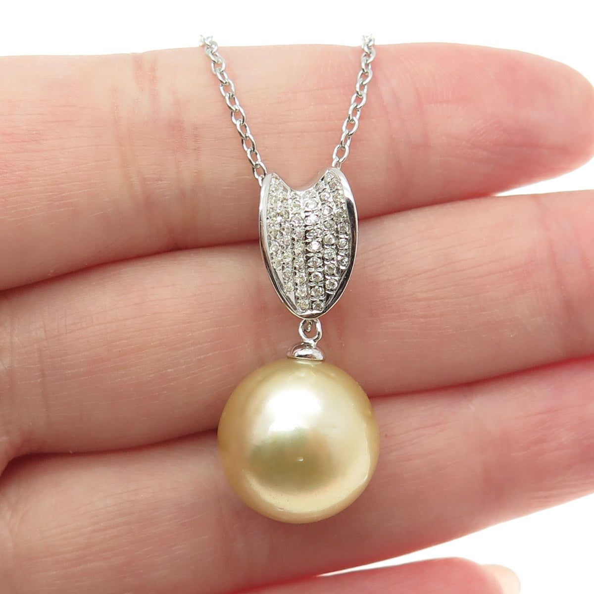925 Sterling Silver Real Pearl & White Topaz Cable Chain Necklace 18"