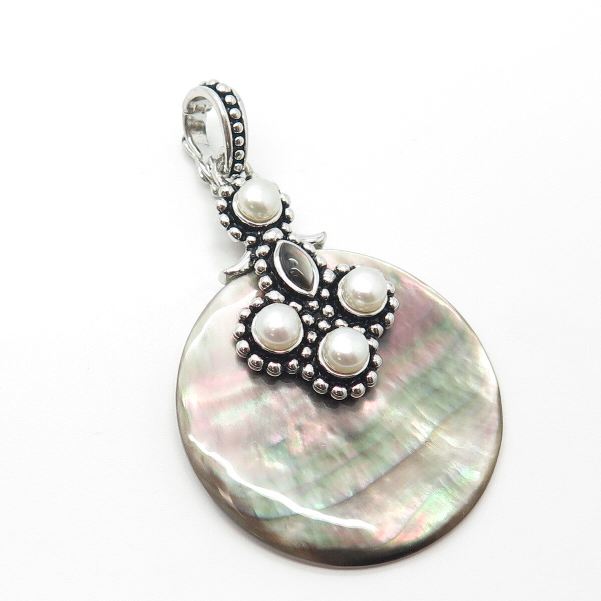 925 Sterling Silver Vintage Real Pearl & Mother-of-Pearl Amulet Pendant