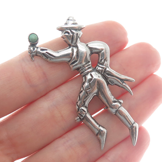 Sterling Silver Vintage Mexico Real Turquoise Flamenco Dancer Oxidized Brooch