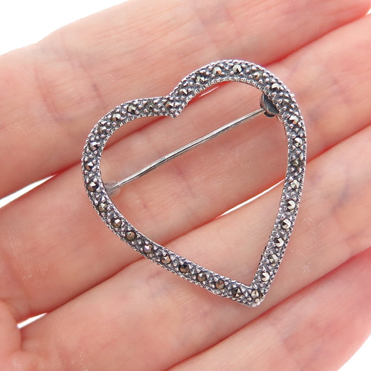 925 Sterling Silver Vintage Real Marcasite Open Heart Oxidized Pin Brooch