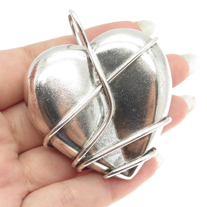 ZINA 925 Sterling Silver Vintage Modernist Wrapped Heart Solid 47.0g Pendant