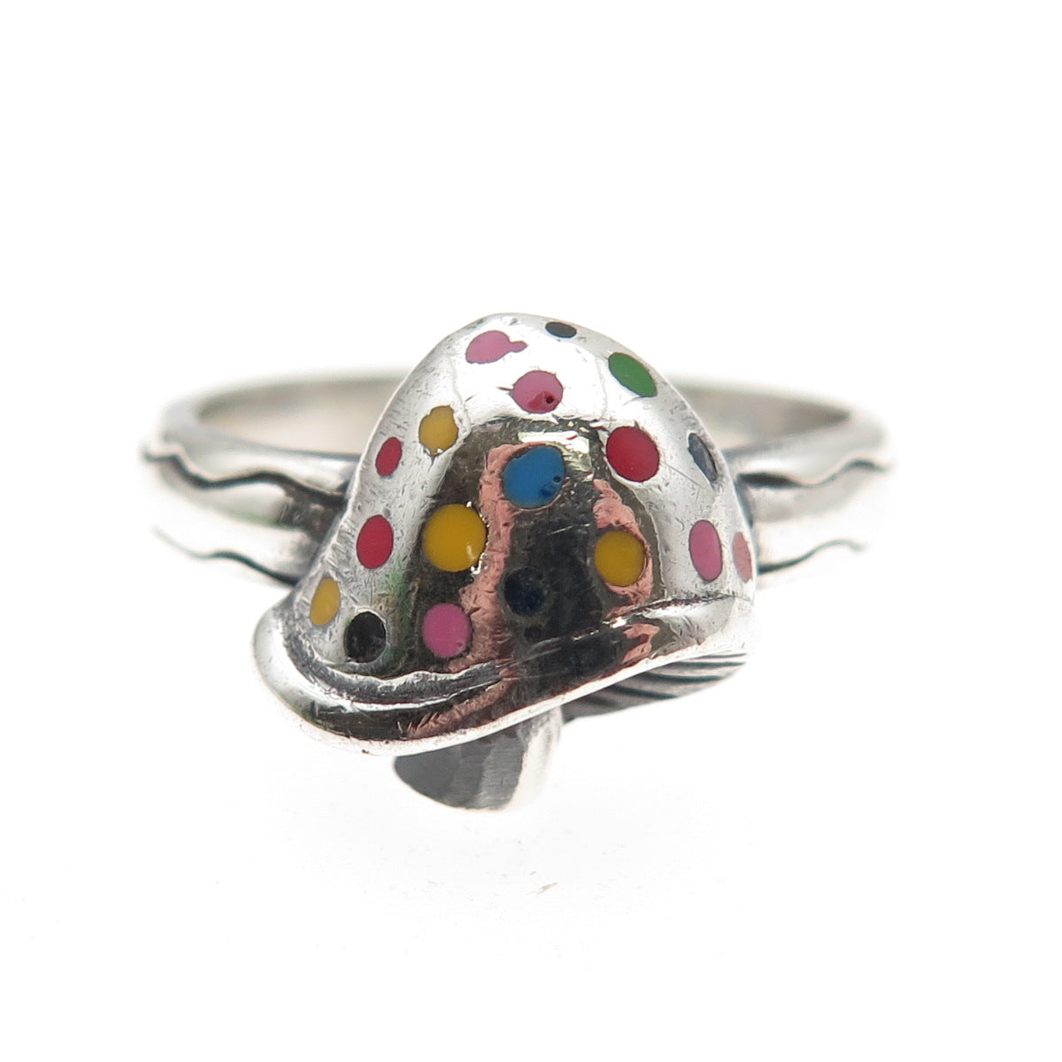 925 Sterling Silver Vintage Enamel Mushroom Oxidized Ring Size 9