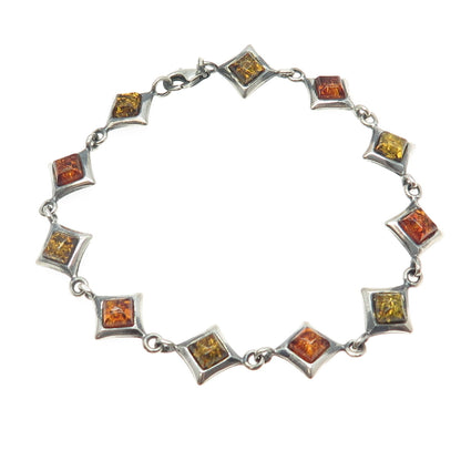 925 Sterling Silver Vintage Real Amber Geometric Link Bracelet 7.5"