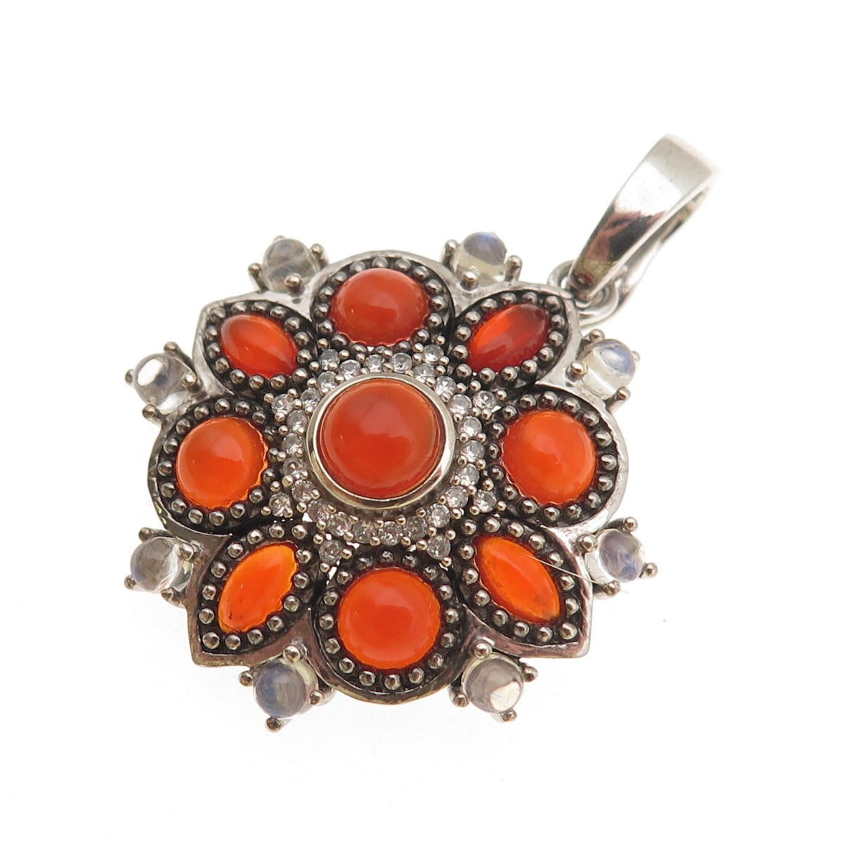 925 Sterling Silver Real Carnelian Moonstone & White Topaz Floral Pendant