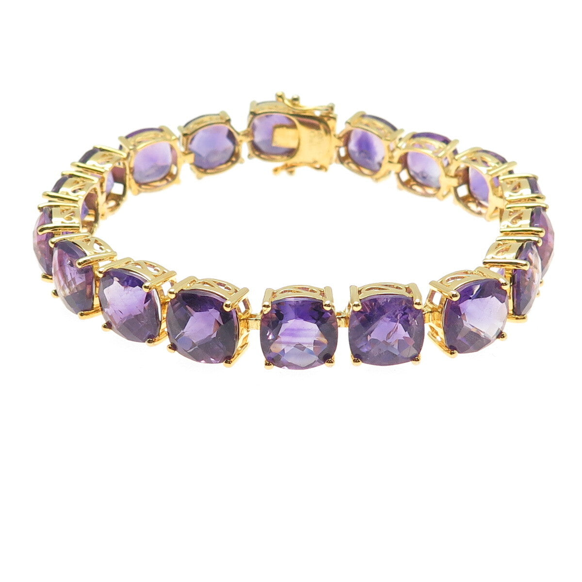 925 Sterling Silver Gold Plated Real Cushion-Cut Amethyst Bracelet 8"