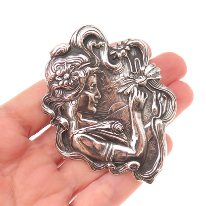 Unger Bros 925 Sterling Silver Antique Art Deco Lady Reposse Pin Brooch Pendant