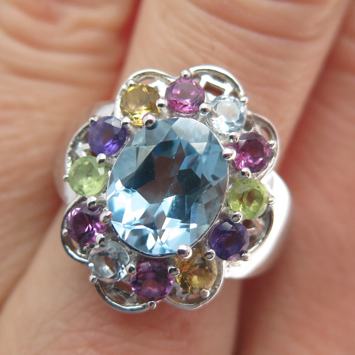 925 Sterling Silver Real Topaz Amethyst Peridot Citrine & Tourmaline Ring Size 7