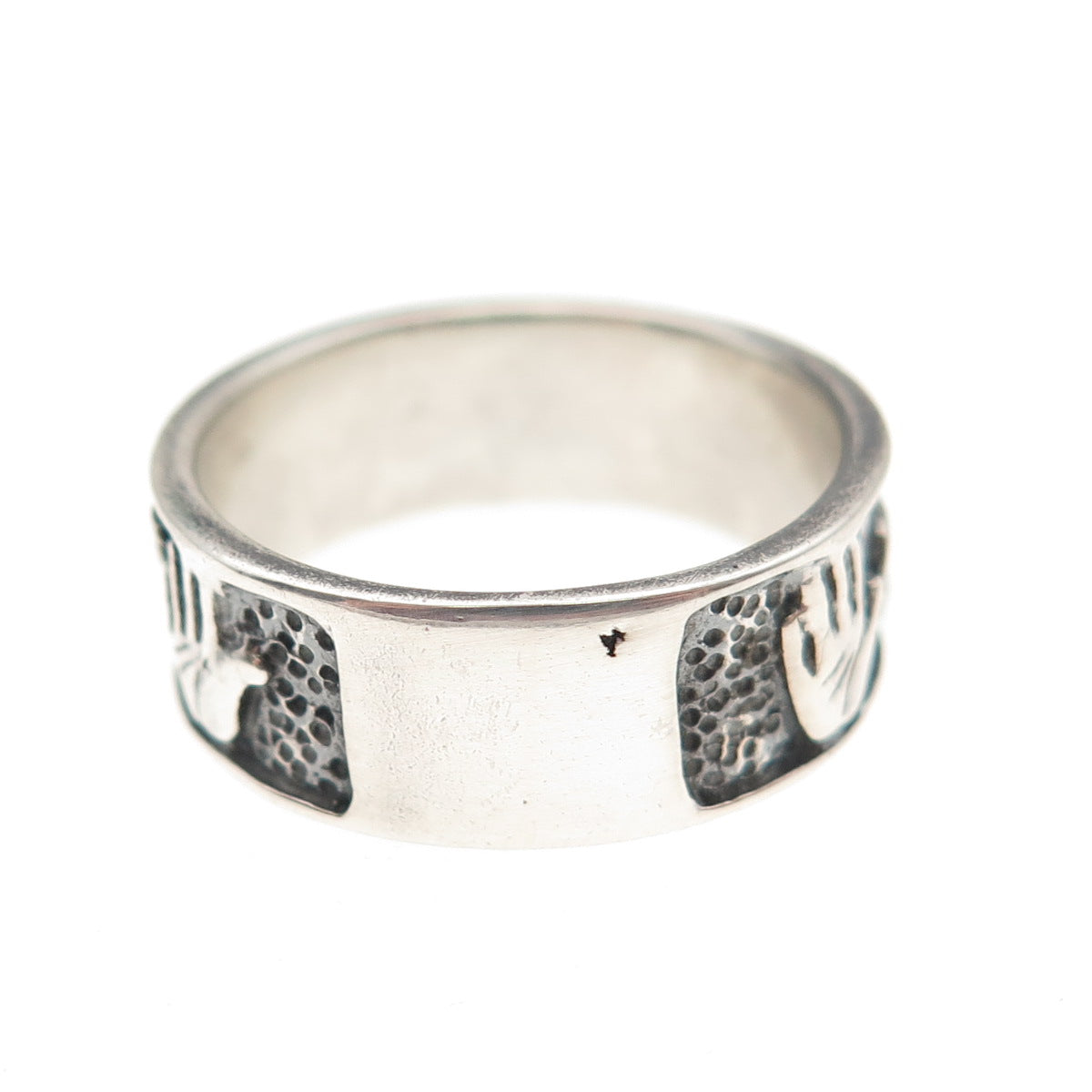 925 Sterling Silver Vintage Hand Palm & Hearts Oxidized Band Ring Size 7.75
