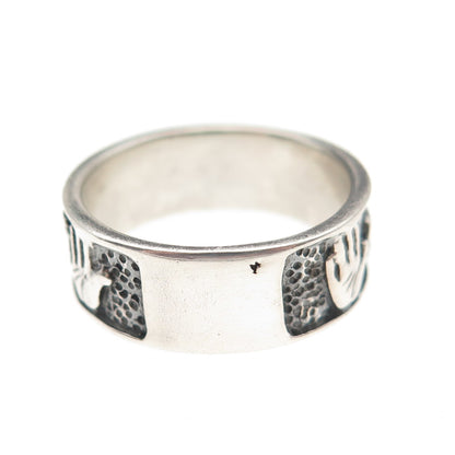 925 Sterling Silver Vintage Hand Palm & Hearts Oxidized Band Ring Size 7.75