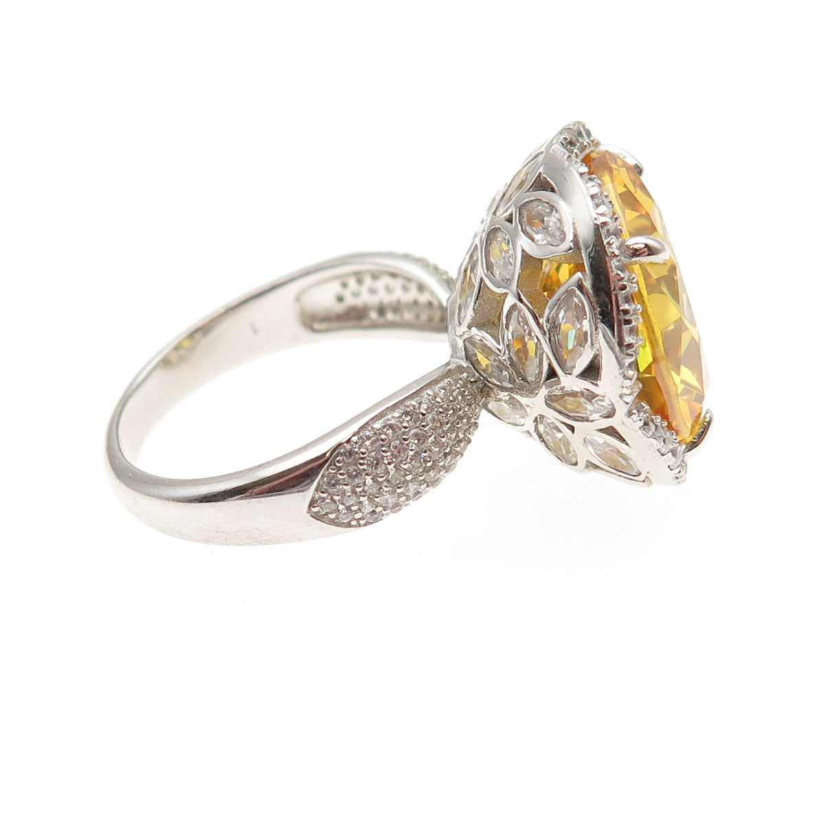 925 Sterling Silver Round-Cut Canary & White C Z Ring Size 7