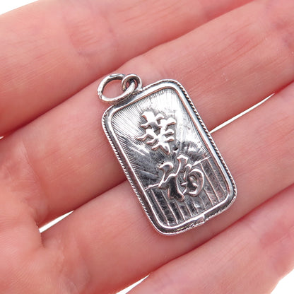 925 Sterling Silver Vintage Floral Chinese Character Oxidized Charm Pendant