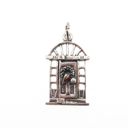 925 Sterling Silver Vintage Enamel Christmas Door Oxidized Charm Pendant