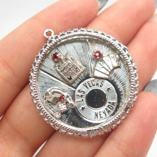 925 Sterling Silver Vintage Red Garnet-Tone Glass "Las Vegas Nevada" Pendant
