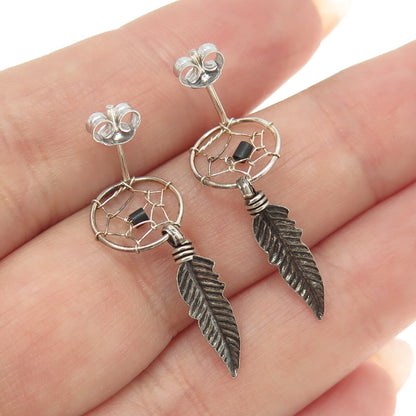 925 Sterling Silver Vintage Southwestern Real Black Onyx Dreamcatcher Earrings