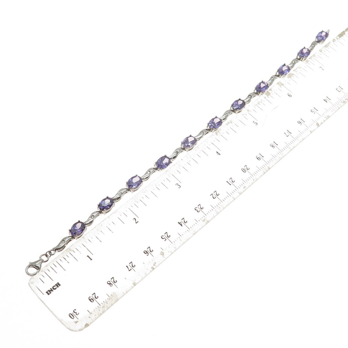 925 Sterling Silver Vintage Real Oval-Cut Amethyst & C Z Wavy Link Bracelet 7"