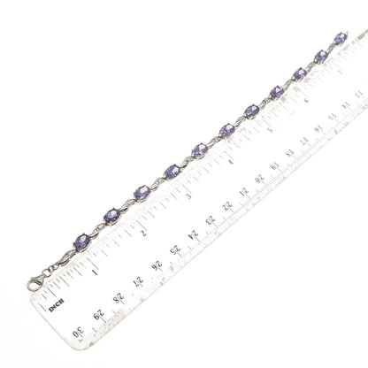 925 Sterling Silver Vintage Real Oval-Cut Amethyst & C Z Wavy Link Bracelet 7"