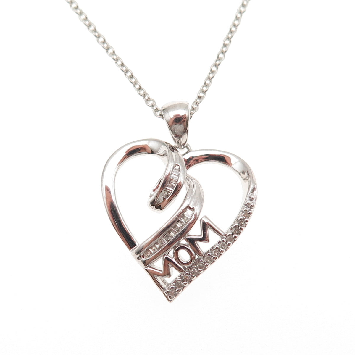 Sun 925 Sterling Silver Real Diamond Mom Heart Cable Chain Necklace 18"