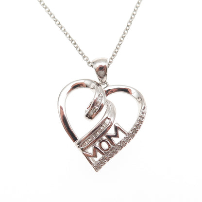 Sun 925 Sterling Silver Real Diamond Mom Heart Cable Chain Necklace 18"
