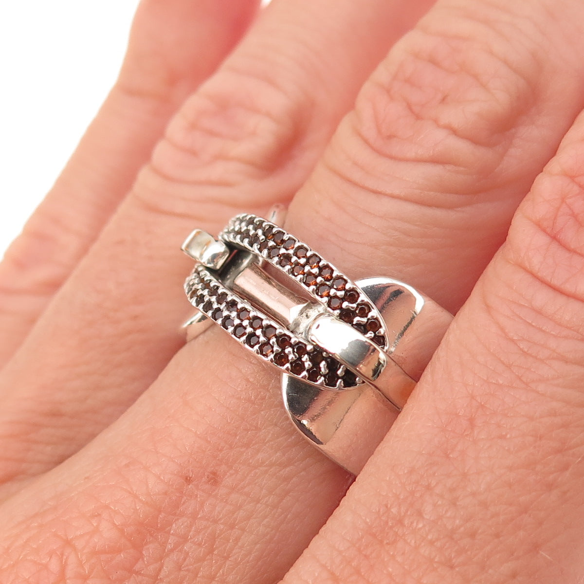 Aziz Kahili 925 Sterling Silver Vintage Real Red Garnet Modernist Ring Size 7.5